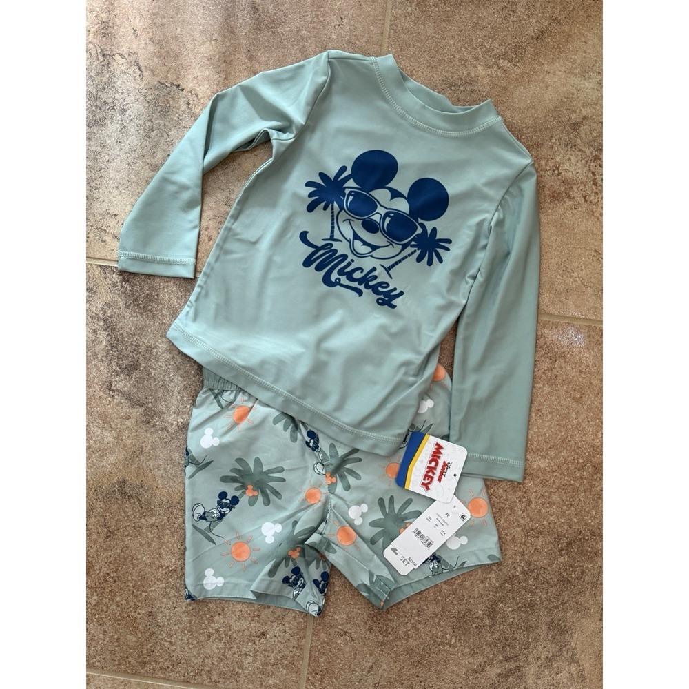 Disney Junior Mickey Mouse Toddler Boy 3T Green Swim Suit Set Shirt & Trunks NWT